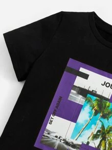 SHEIN Leap Crew Bộ thời trang bé trai Dây kéo Đắp vá Túi Lá thư Nhiệt đới Giải trí - Màu tím  Violet - Xem 3