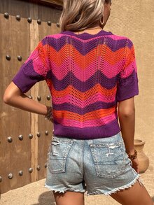 鋸齒圖案網眼針織上衣 - 彩色 - 查看 2
