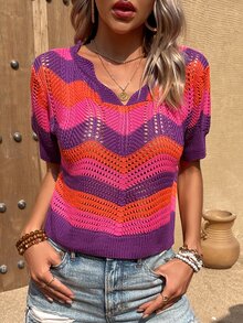 鋸齒圖案網眼針織上衣 - 彩色 - 查看 3