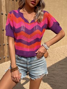 鋸齒圖案網眼針織上衣 - 彩色 - 查看 4