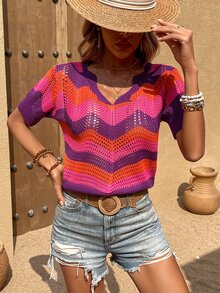 鋸齒圖案網眼針織上衣 - 彩色 - 查看 7