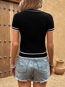 Knit Mix 女士休闲通勤条纹针织上衣，春夏短袖圆领撞色滚边，常规版型时尚针织衫，返校季/秋季必备 - 黑色 - 查看 2