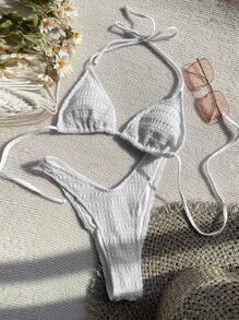 Swim SXY Summer Beach Plain Halter Triangle Bikini Set - White - View 3