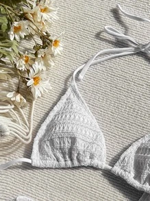 Swim SXY Summer Beach Plain Halter Triangle Bikini Set - White - View 4