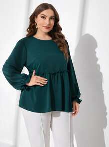 Mulvari Plus Frill Trim Flounce Sleeve Peplum Blouse - Dark Green - View 1