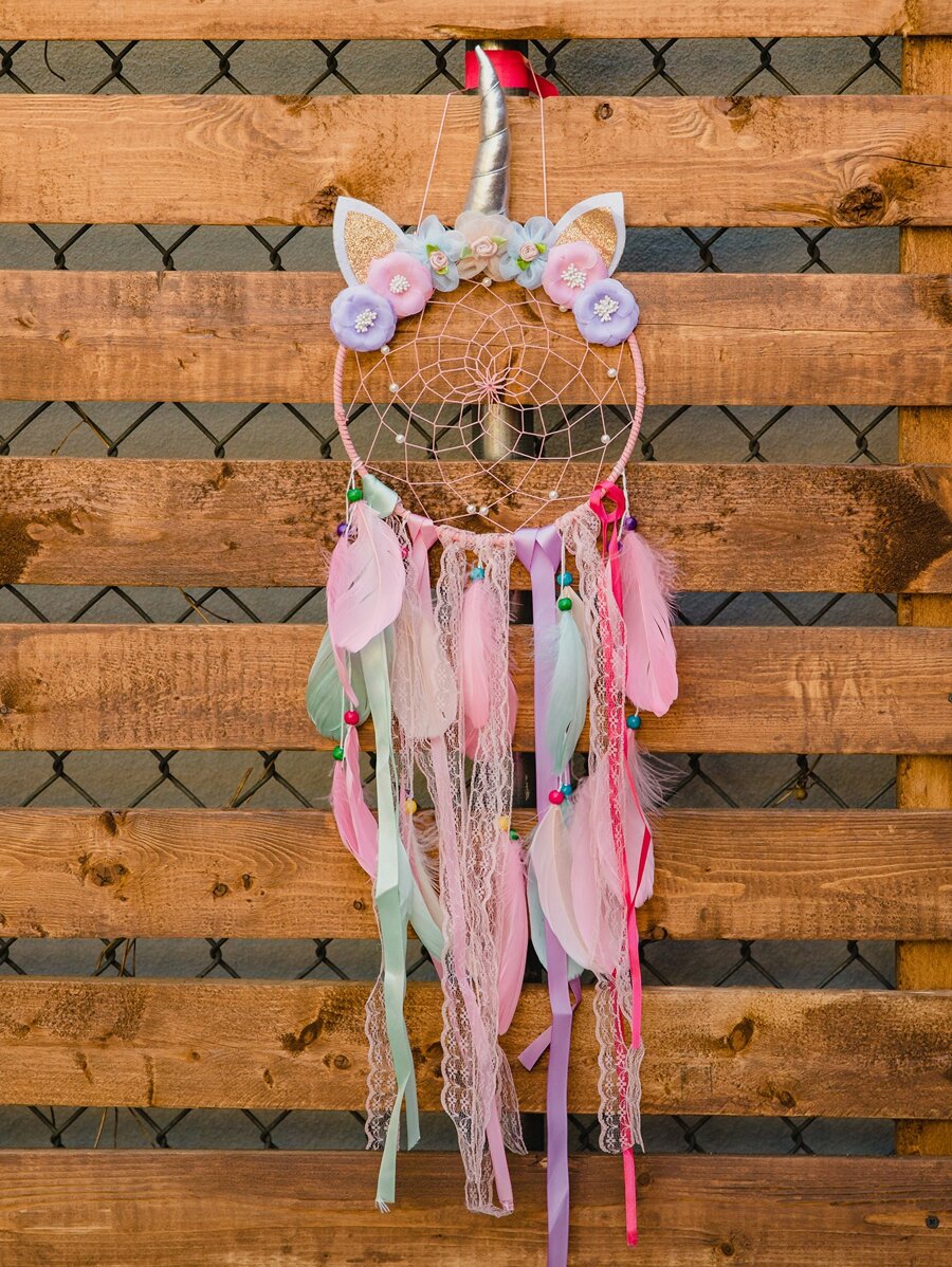 1入組羽毛裝飾捕夢網現代花卉和耳朵裝飾捕夢網家用 - 彩色 - 查看 1