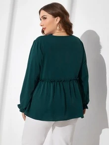 Mulvari Plus Frill Trim Flounce Sleeve Peplum Blouse - Dark Green - View 2