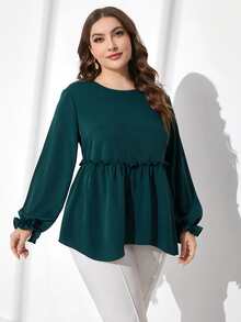 Mulvari Plus Frill Trim Flounce Sleeve Peplum Blouse - Dark Green - View 4
