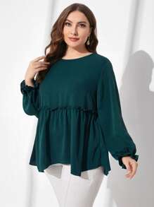 Mulvari Plus Frill Trim Flounce Sleeve Peplum Blouse - Dark Green - View 5