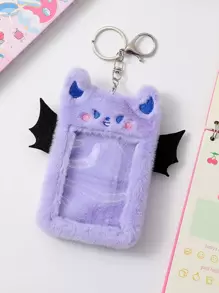 1pc Purple Fuzzy Monster Decor ID Card Holder, Cute Portable Office Card Cover With Key Ring