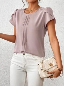 SHEIN Clasi Casual Eenkleurig Blouse Contrast kant Geplooide