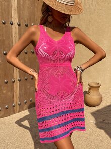Striped Pattern Pointelle Knit Jumper Dress Without Bikini - Hot Pink - View 5