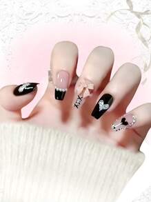 ROMWE Goth 24入組棺材愛心圖案假指甲和1張膠帶 - 彩色 - 查看 1