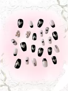 ROMWE Goth 24入組棺材愛心圖案假指甲和1張膠帶 - 彩色 - 查看 2