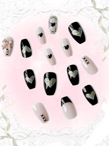 ROMWE Goth 24入組棺材愛心圖案假指甲和1張膠帶 - 彩色 - 查看 3
