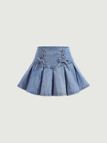 SHEIN ICON Lace Up Front Pleated Denim Skirt - Light Wash - View 1