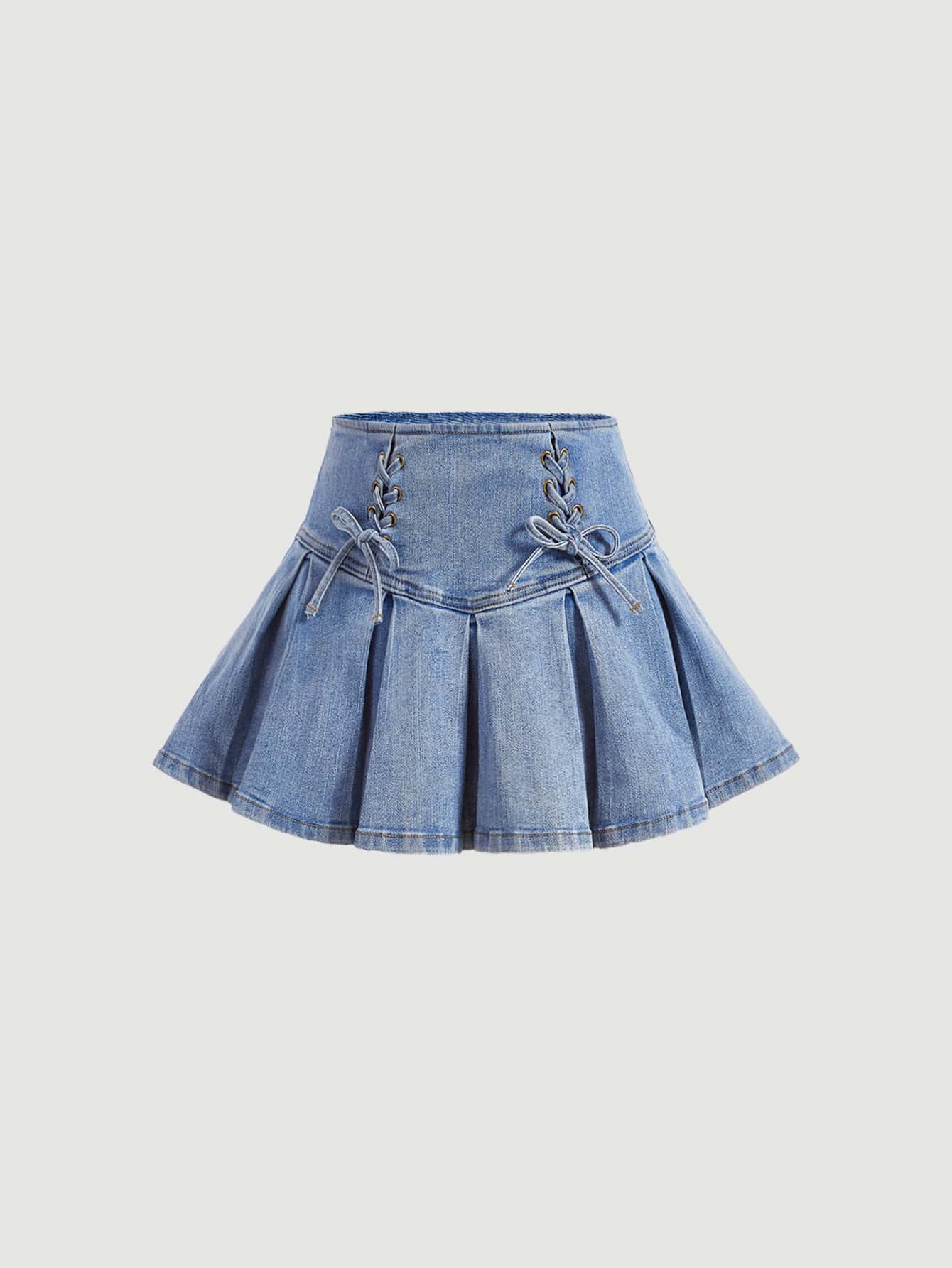 SHEIN ICON Lace Up Front Pleated Denim Skirt - Light Wash - View 1