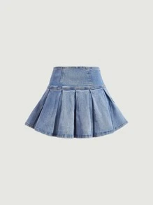 SHEIN ICON Lace Up Front Pleated Denim Skirt - Light Wash - View 2
