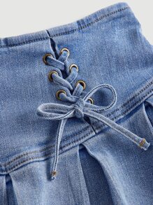 SHEIN ICON Lace Up Front Pleated Denim Skirt - Light Wash - View 3