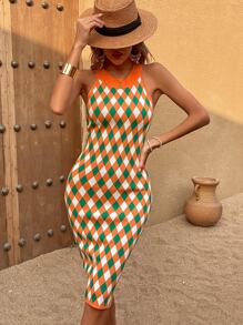 Knit Mix Argyle Pattern Jumper Dress - Orange - View 1
