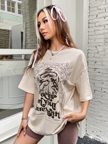 SHEIN EZwear 西部風格牛仔女孩蘑菇和標語圖案落肩T恤 - 米色 - 查看 4