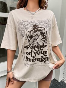 SHEIN EZwear 西部風格牛仔女孩蘑菇和標語圖案落肩T恤 - 米色 - 查看 1