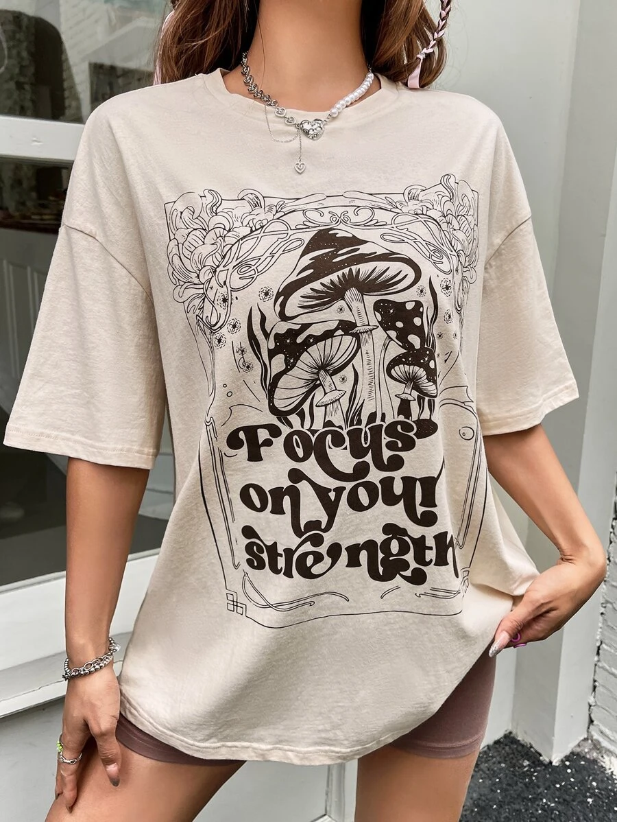 SHEIN EZwear 西部風格牛仔女孩蘑菇和標語圖案落肩T恤 - 米色 - 查看 1