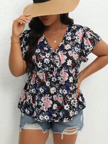 SHEIN LUNE 大碼印花前打結蝴蝶袖荷葉邊下擺襯衫 - 彩色 - 查看 1