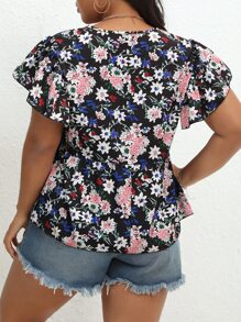 SHEIN LUNE 大碼印花前打結蝴蝶袖荷葉邊下擺襯衫 - 彩色 - 查看 2