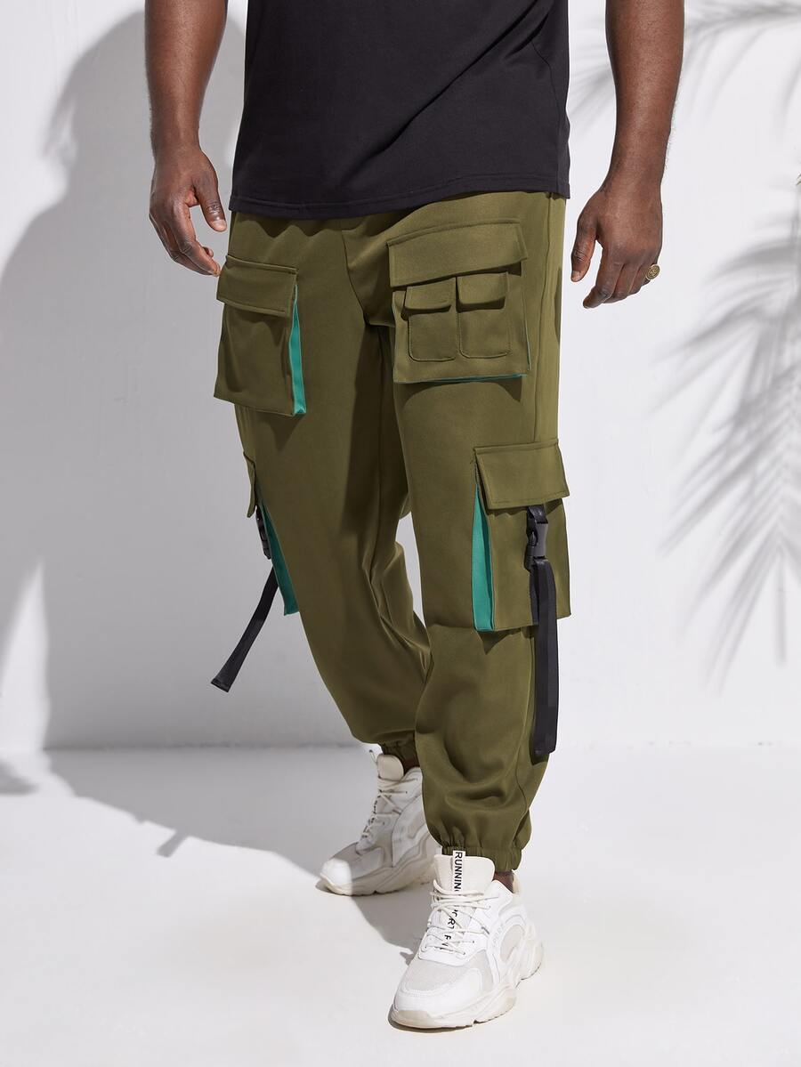 EASEVO Men Flap Pocket Buckle Detail Cargo Trousers - Army Green - View 1