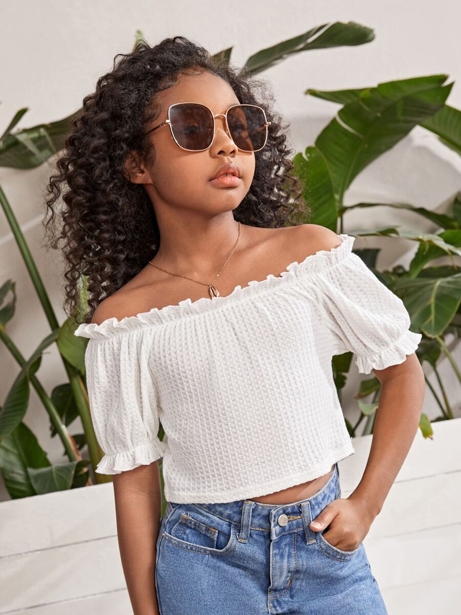 SHEIN Girls Off Shoulder Frill Trim Tee - White - View 1