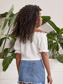 SHEIN Girls Off Shoulder Frill Trim Tee - White - View 2