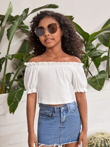 SHEIN Girls Off Shoulder Frill Trim Tee - White - View 3