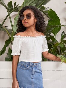 SHEIN Girls Off Shoulder Frill Trim Tee - White - View 5