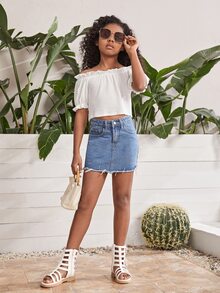 SHEIN Girls Off Shoulder Frill Trim Tee - White - View 6