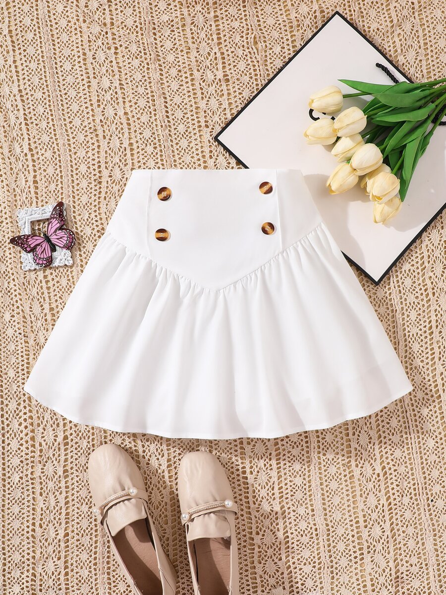Girls Button Detail Flared Skirt - White - View 1