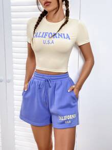 SHEIN EZwear Letter Graphic Crop Tee & Drawstring Waist Shorts - Multicolor - View 4