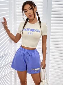 SHEIN EZwear Letter Graphic Crop Tee & Drawstring Waist Shorts - Multicolor - View 6