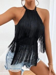 Firerie Fringe Trim Halter Bodysuit - Black - View 2