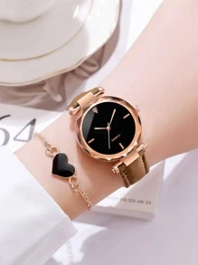 1入組圓形指針石英手錶和1入組手環 - 棕色 - 查看 1