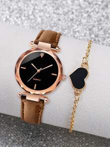 1入組圓形指針石英手錶和1入組手環 - 棕色 - 查看 2