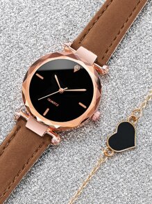 1入組圓形指針石英手錶和1入組手環 - 棕色 - 查看 7