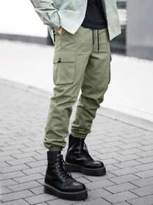 Manfinity Men Flap Pocket Drawstring Waist Cargo Trousers - Army Green - View 1