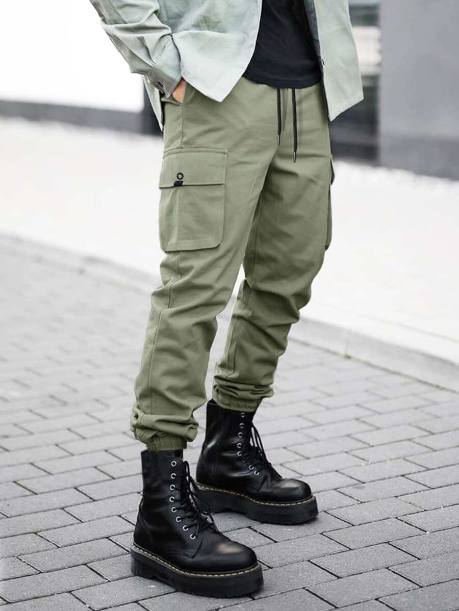 Manfinity Men Flap Pocket Drawstring Waist Cargo Trousers - Army Green - View 1