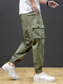 Manfinity Men Flap Pocket Drawstring Waist Cargo Trousers - Army Green - View 2