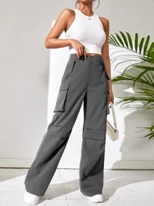 Flirla Flap Pocket Side Cargo Trousers - Dark Grey - View 3