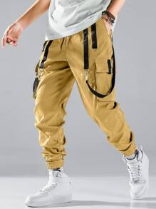 Manfinity EMRG Men Contrast Tape Flap Pocket Drawstring Waist Cargo Trousers - Khaki - View 1