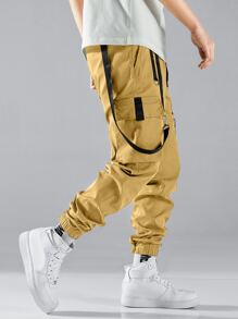 Manfinity EMRG Men Contrast Tape Flap Pocket Drawstring Waist Cargo Trousers - Khaki - View 2