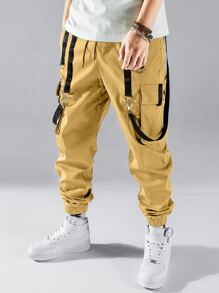 Manfinity EMRG Men Contrast Tape Flap Pocket Drawstring Waist Cargo Trousers - Khaki - View 3