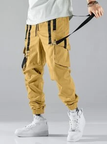 Manfinity EMRG Men Contrast Tape Flap Pocket Drawstring Waist Cargo Trousers - Khaki - View 4